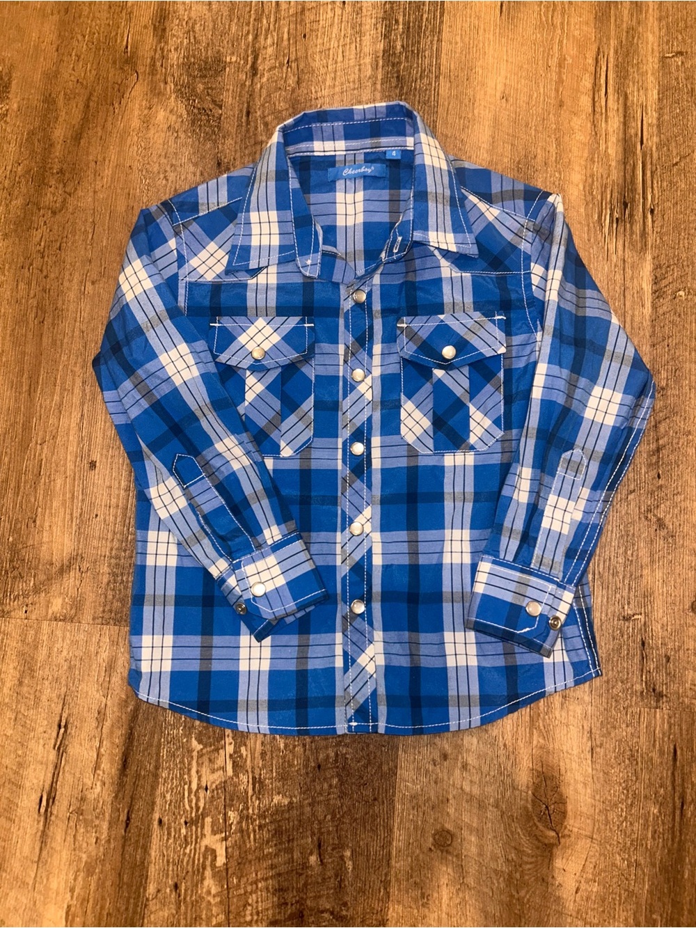 Kids Blue Plaid Button-Down Shirt with Chest Pockets